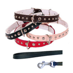 LEATHER COLLAR WITH SPIKES &amp; LEASH SET - BLACK ()