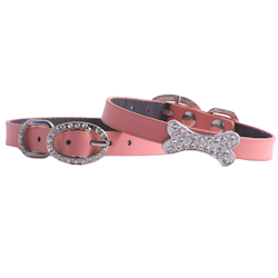 LEATHER COLLAR WITH BONE CHARM - PINK (DOGO)