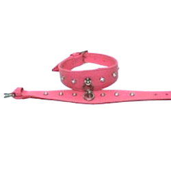 Leather Rhinestones Collar - Pink with Rhinestones