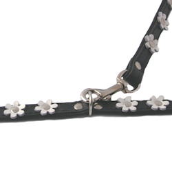Black Leather & White Flowers Collar & Leash set