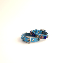 Leather Collar with Flower Charm - Blue