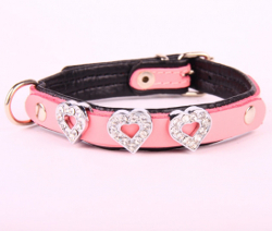 Leather Collar with Heart Rhinestones - Pink